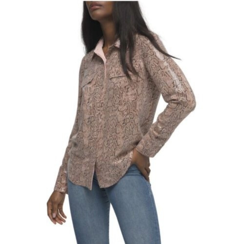 Good American Snakeskin Sequin Long Sleeve Button Down Top Blouse - Animal Print